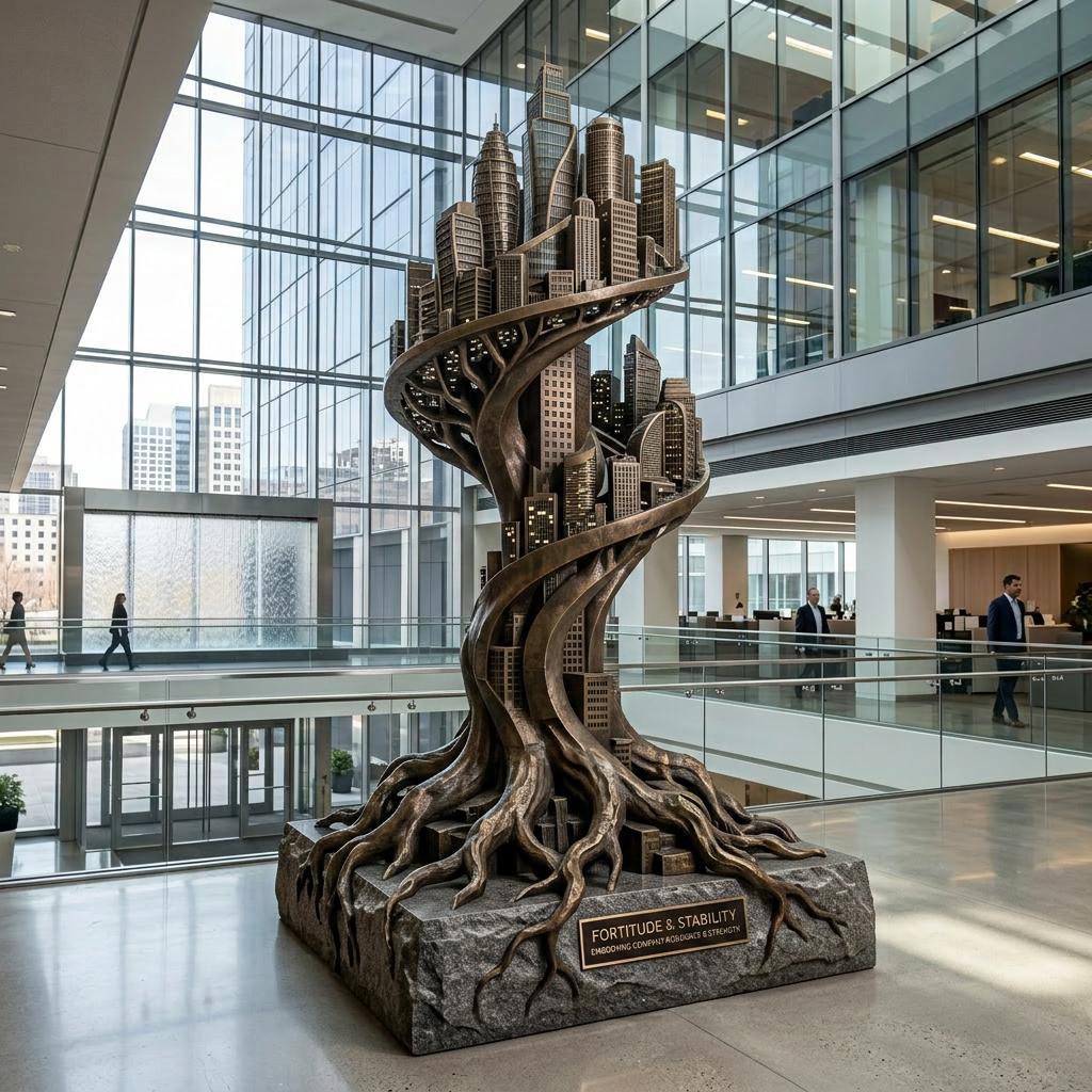 Bronze abstract sculpture with twisting ribbons and vertical elements on stone base in office lobby