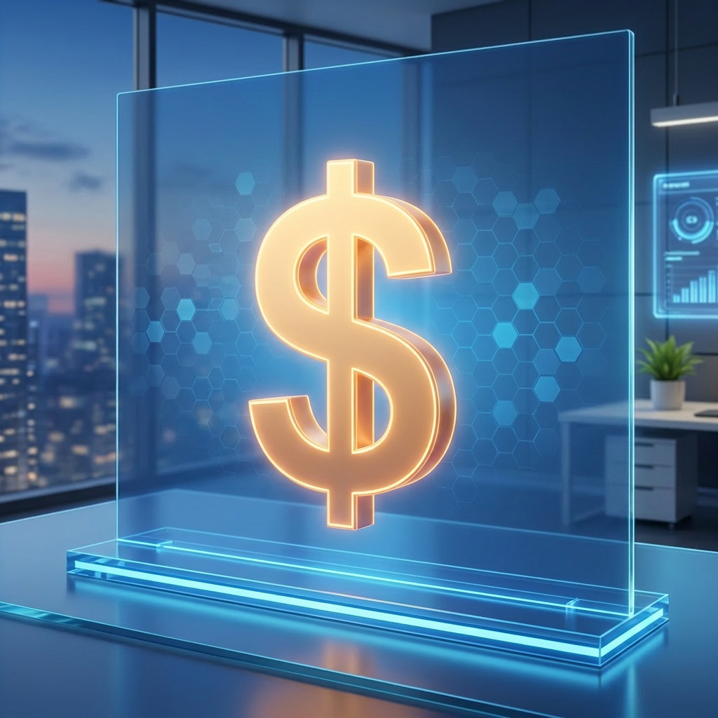 Glowing dollar sign symbol on transparent digital display in office