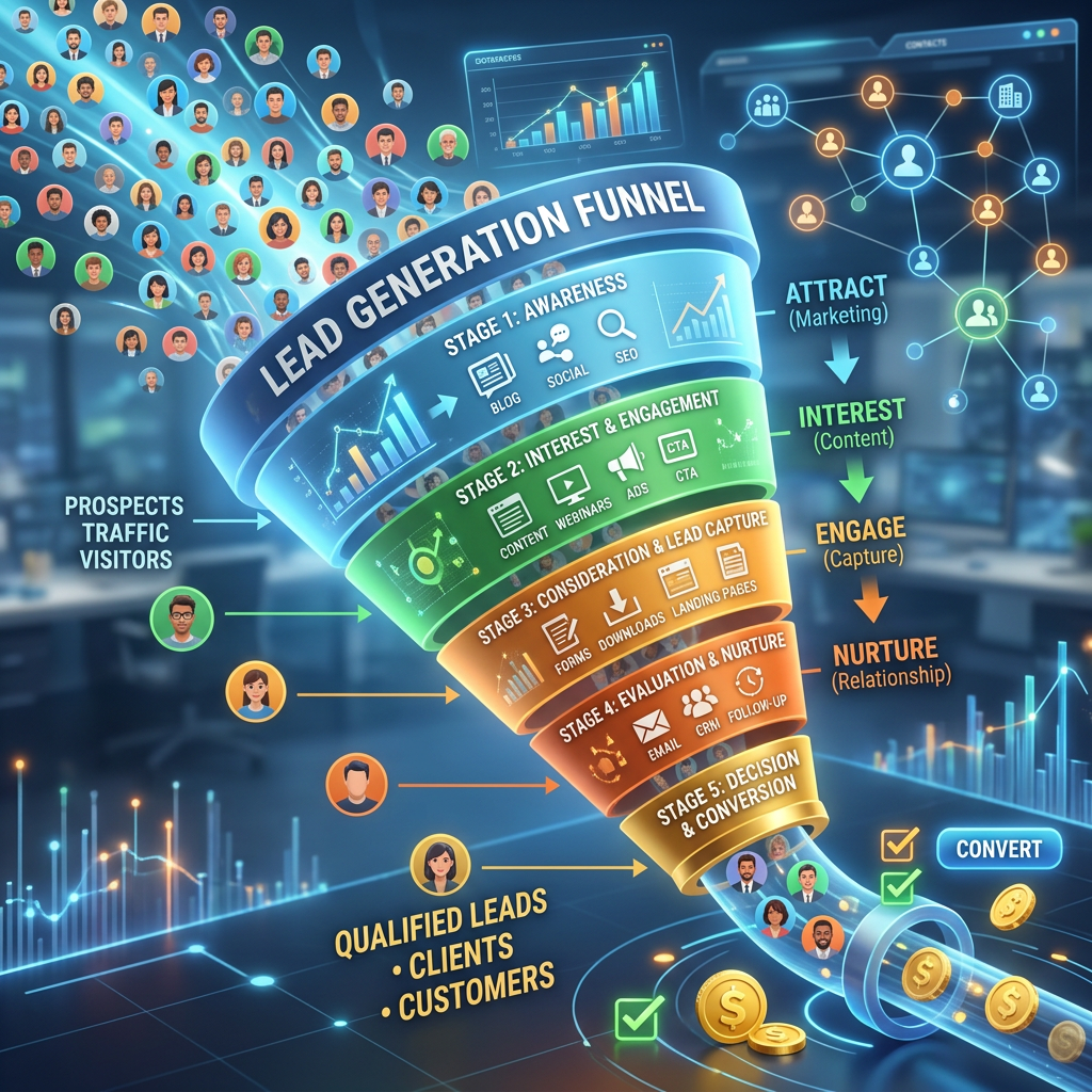 Lead generation funnel stages with marketing, content, capture, relationship, and conversion steps